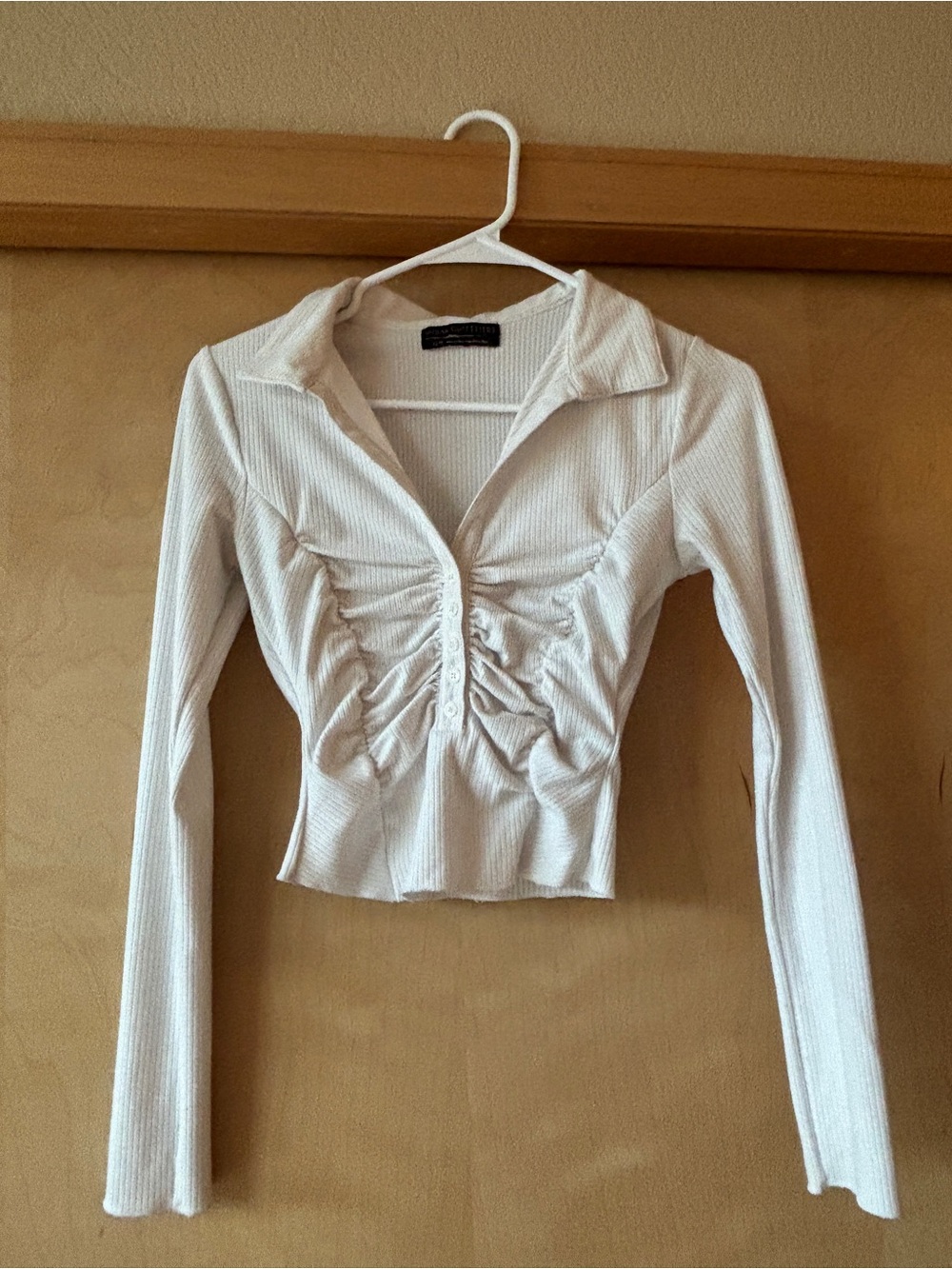 Urban Outfitters White Ribbed Ruched Long Sleeve Collared Top